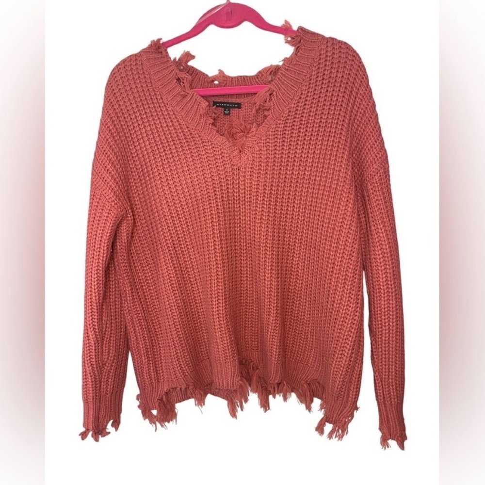 Staccato Distressed Knit Sweater Mauve Pink V Neck Boho Grunge Small
